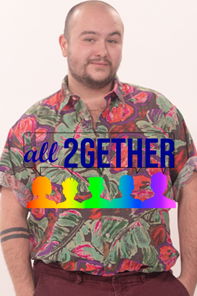 all2GETHER logo over a model in a Hawaiian shirt